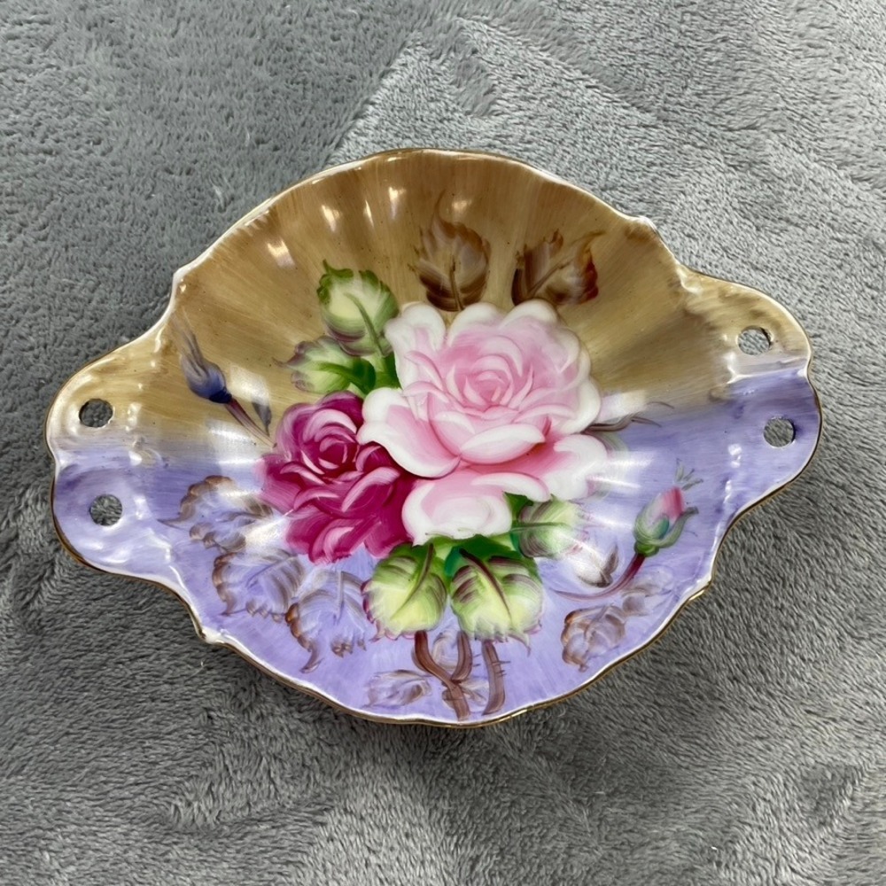Vintage Hand Painted Porcelain Rose Floral Nut Candy Dishes Gold Trim Set of 2